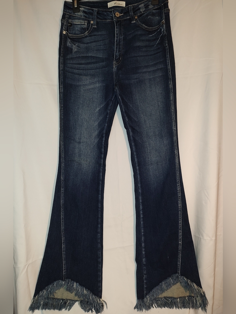 Kancan Women’s Twisted Frayed Hem Flare Jeans